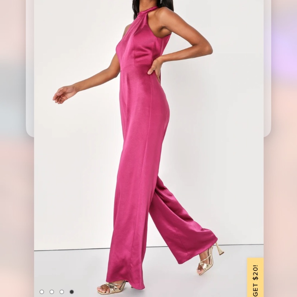 Elegant Love Magenta Satin Tie-Back Wide-Leg Jumpsuit NWT Med Lulus